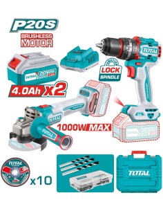PACK TALADRO BATERIA TOTAL PERCUTOR 66Nm. + AMOLADORA BATERIA 115 BL 20,0v. 4,0Ah. TCKLI20273E (S)